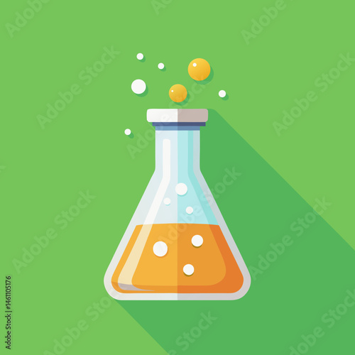 A clean vector of a glass chemistry flask with bubbles rising inside, placed on a soft green background