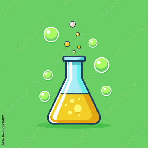 A clean vector of a glass chemistry flask with bubbles rising inside, placed on a soft green background