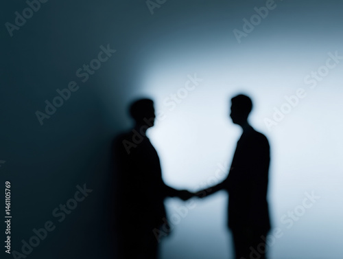 Blurred silhouettes of two people shaking hands in dimly lit setting