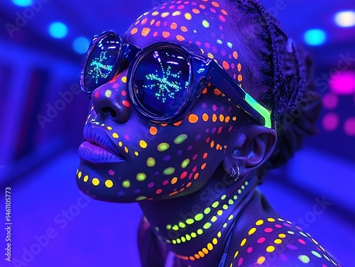 A vibrant portrayal of a person adorned in fluorescent face paint.