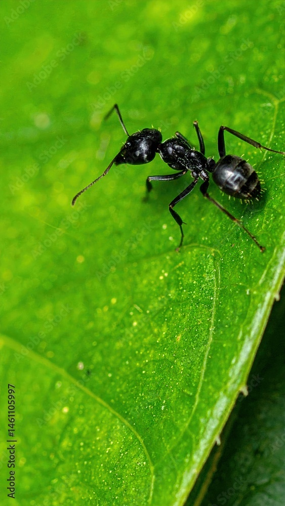 A shiny black ant beetle crawls delicately on a vibrant green leaf, showcasing its intricate body structure against the lush backdrop of nature.