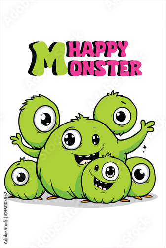A delighted monster stands with four green monsters, all exuding happiness and a sense of camaraderie in their expressions.eps