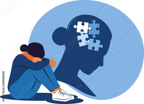 Depressed female sitting on the floor and holding their knees on transparent background. Concept irritation, anger, depression, anxiety, mental disorders.