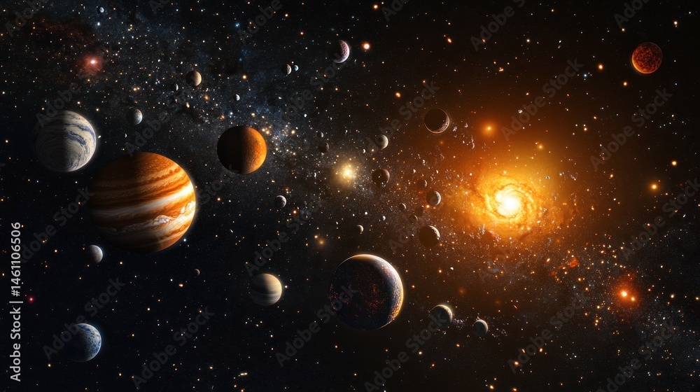 Naklejka premium A stunning cosmic scene showcasing various planets orbiting a bright star amidst a starry background
