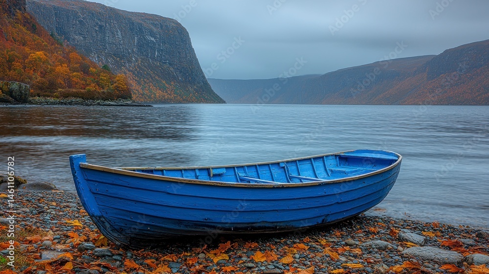Fototapeta premium Blue boat on colorful autumn shore