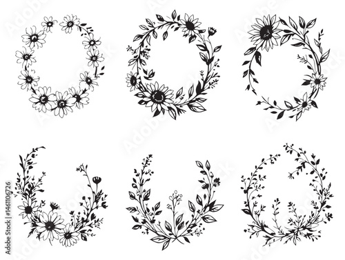Delicate Rustic Flower Garland Line Art for Stylish Projects