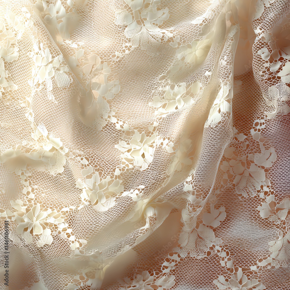 Delicate lace fabric texture with floral patterns, soft light, elegant details.