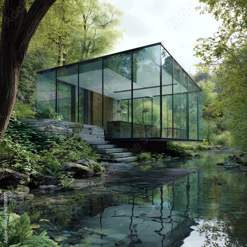 Obraz na płótnie Modern glass house surrounded by lush greenery and tranquil water. w salonie