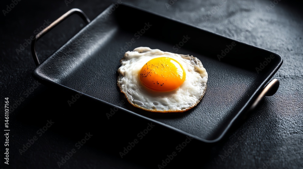 Fried egg in a black frying pan on a dark background.