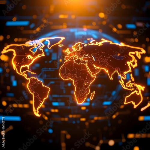 social network concept Bright digital world map highlighting global connections with orange and red glowing lines, futuristic data visuals, and silhouettes of individuals for a modern tech theme	