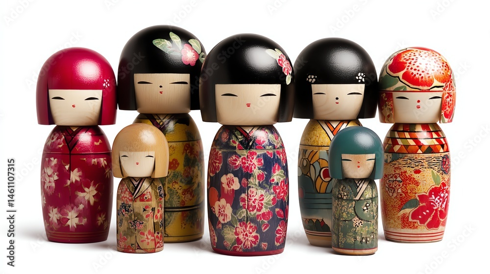 Colorful traditional Japanese Kokeshi dolls on white background.