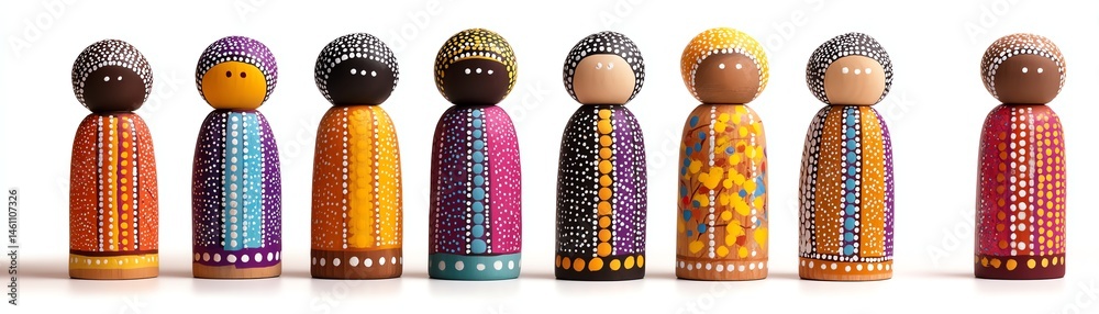 Colorful wooden figures representing diverse cultures and traditions.