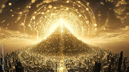 Golden city pyramid rising from clouds.