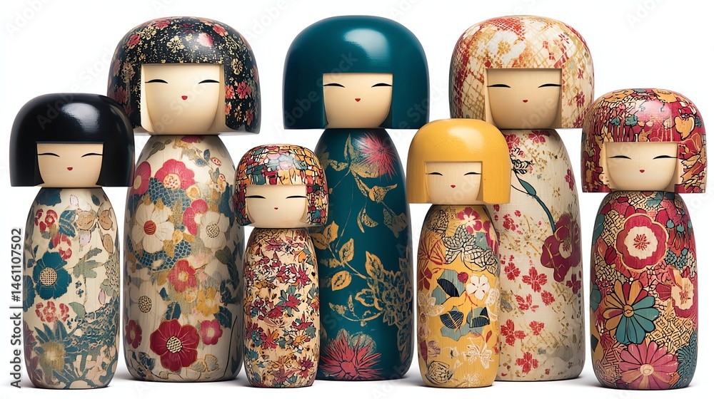 Colorful kokeshi dolls in various sizes with floral patterns, isolated on white background.