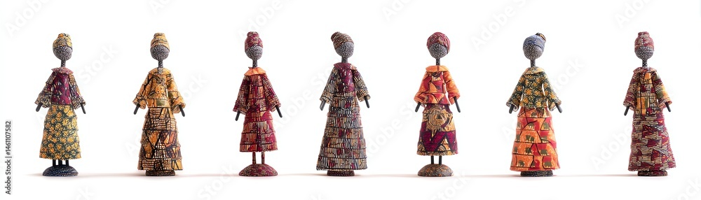 Colorful decorative dolls displayed in a row on a white background.