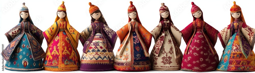 Colorful traditional dolls in various outfits, white isolate background.