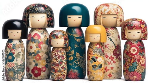 Obraz na płótnie Colorful kokeshi dolls in various sizes with floral patterns, isolated on white background. w salonie