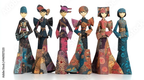 Obraz na płótnie Colorful paper dolls wearing traditional attire, white isolated background. w salonie
