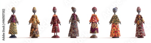 Colorful decorative dolls displayed in a row on a white background.