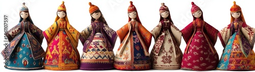 Obraz na płótnie Colorful traditional dolls in various outfits, white isolate background. w salonie