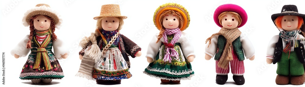 Colorful handmade dolls dressed in traditional attire, white isolate background.