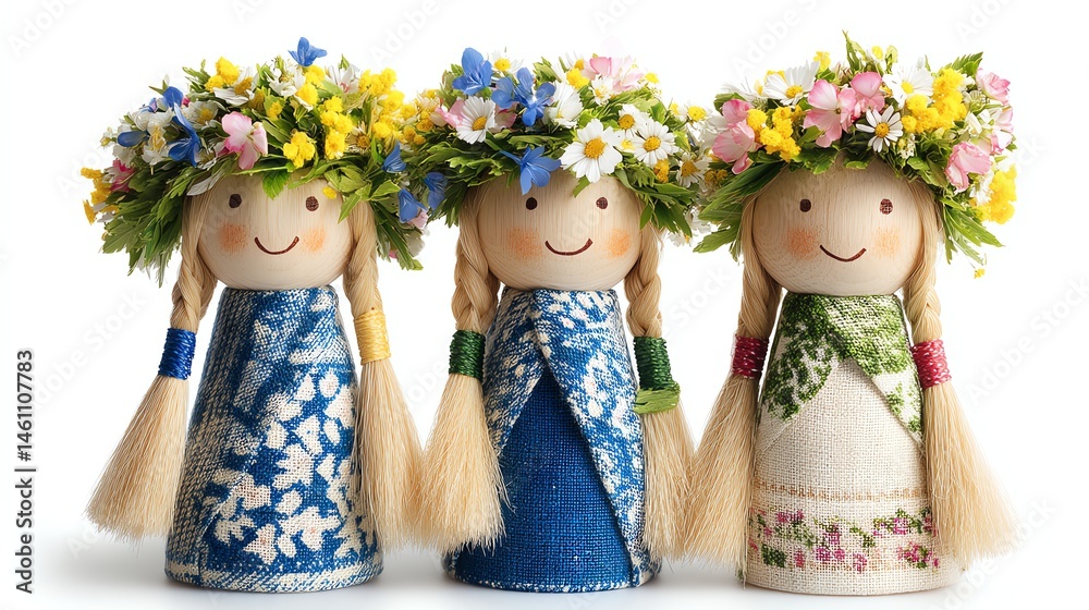 Colorful dolls with floral crowns, white isolated background.