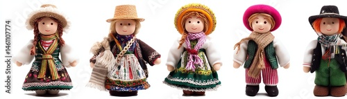 Obraz na płótnie Colorful handmade dolls dressed in traditional attire, white isolate background. w salonie