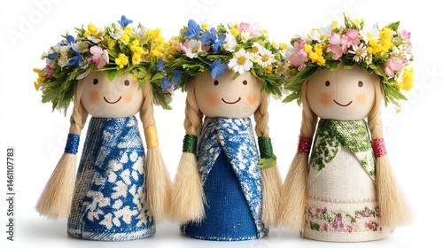 Obraz na płótnie Colorful dolls with floral crowns, white isolated background. w salonie