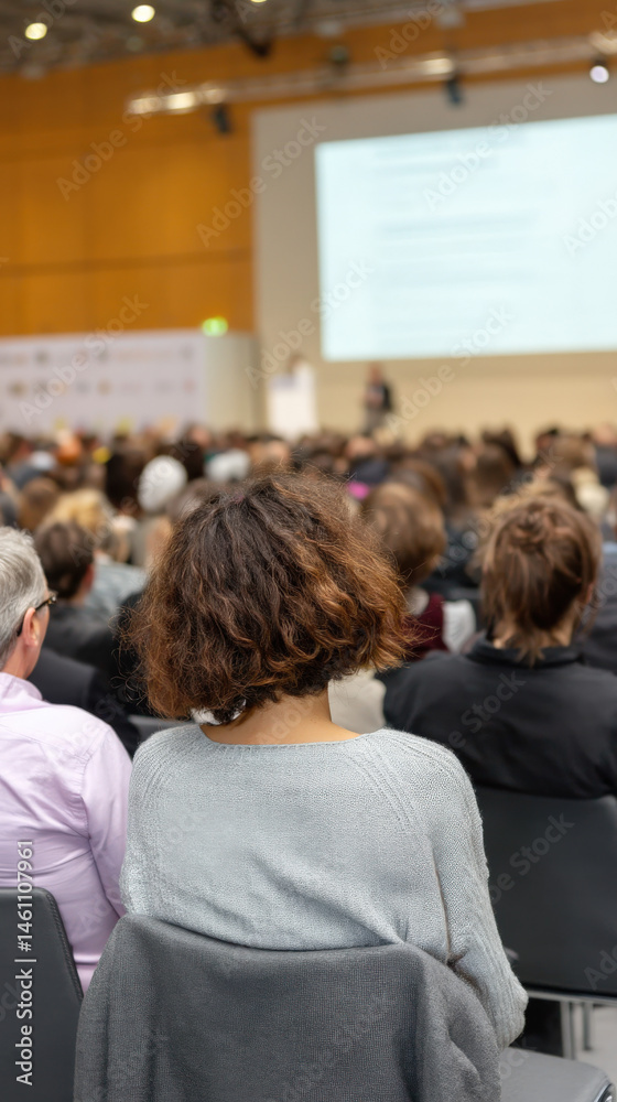 Obraz premium A woman with curly hair listens intently to a webinar speaker at a conference, with a diverse audience of attendees engaged and focused on the presentation