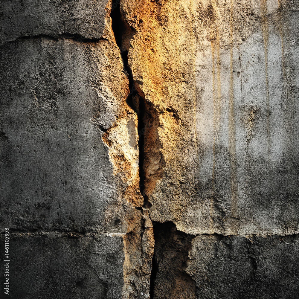 Cracked concrete wall with rich textures and shadows.