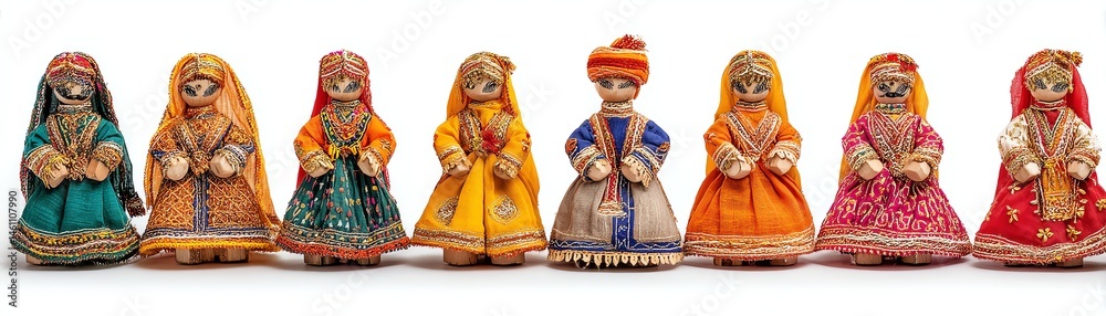 Colorful traditional dolls in various attire, white isolated background.