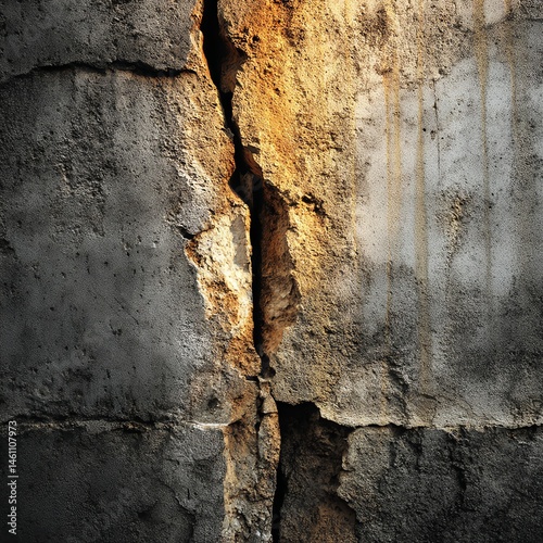 Cracked concrete wall with rich textures and shadows.
