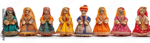 Obraz na płótnie Colorful traditional dolls in various attire, white isolated background. w salonie