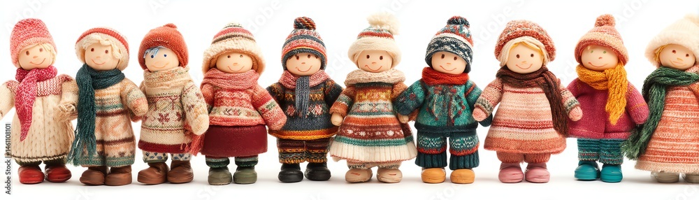 Colorful handmade dolls lined up, showcasing unique styles and warm winter outfits.