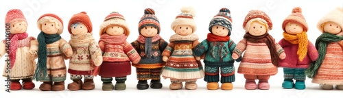 Obraz na płótnie Colorful handmade dolls lined up, showcasing unique styles and warm winter outfits. w salonie
