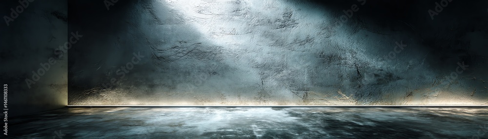 Dark minimalist interior with dramatic lighting and textured concrete walls.