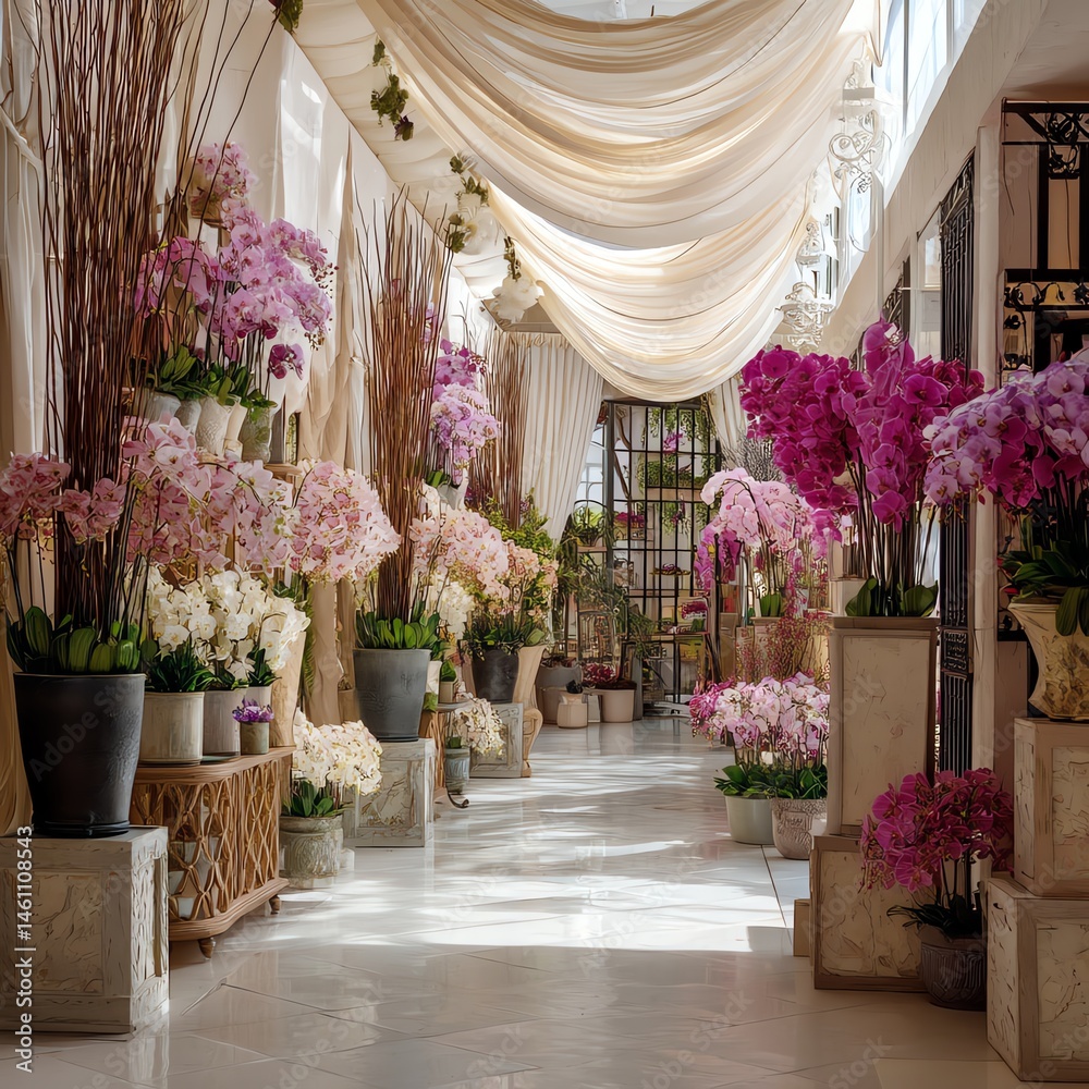 Colorful orchids in elegant interior setting with decorative elements.