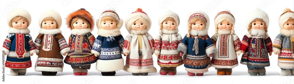 Colorful traditional dolls representing cultural heritage, white isolate background.