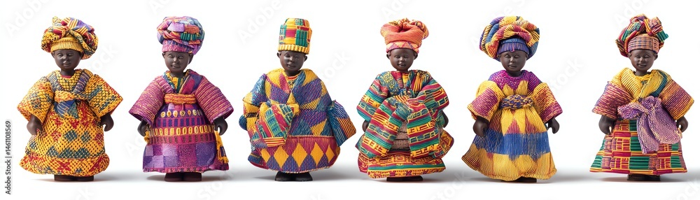 Colorful traditional figurines representing diverse cultures, white isolate background.