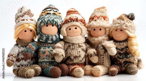 Colorful knitted dolls in winter outfits, white isolated background.