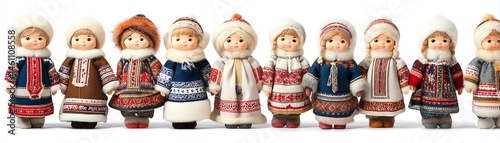 Colorful traditional dolls representing cultural heritage, white isolate background.