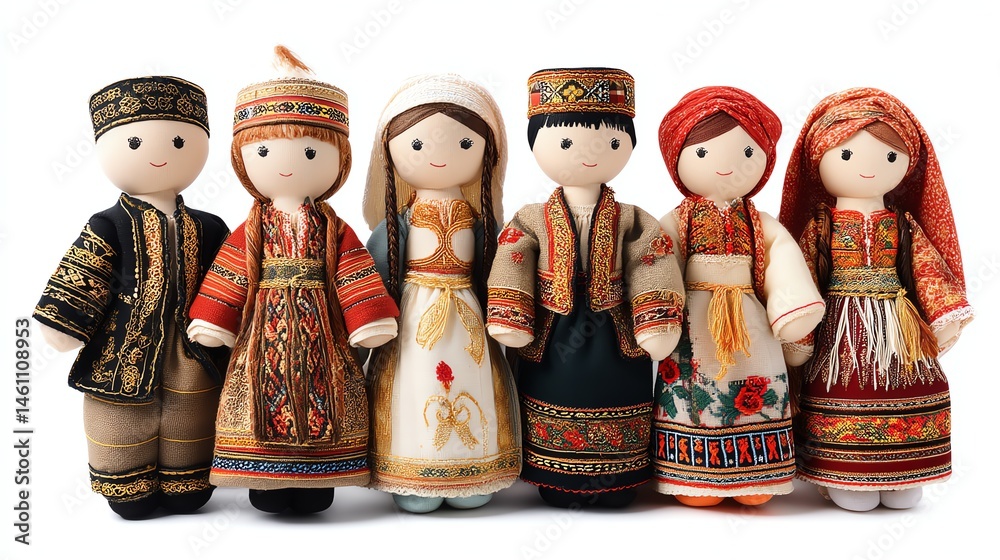 Colorful traditional dolls in ethnic costumes, white isolate background.