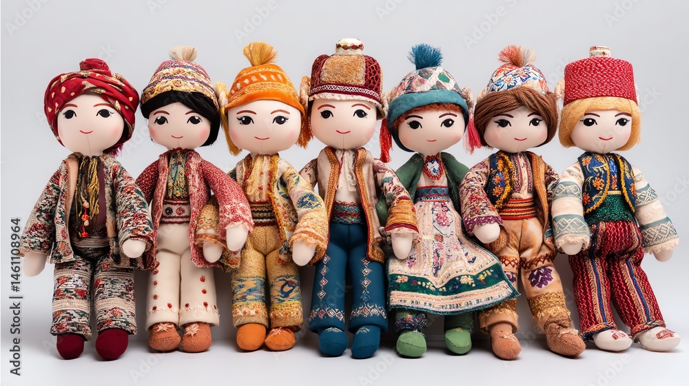 Colorful traditional dolls in diverse outfits, white isolate background.