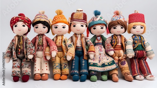 Obraz na płótnie Colorful traditional dolls in diverse outfits, white isolate background. w salonie
