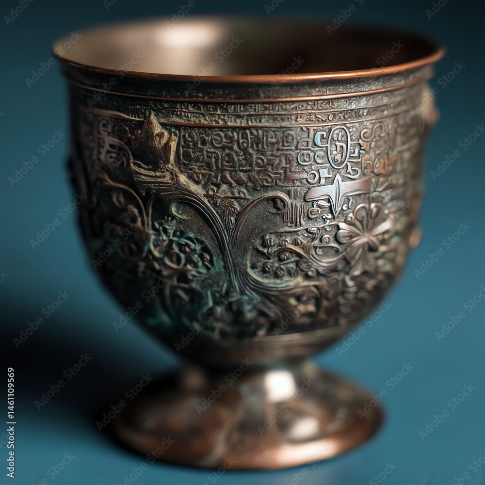 Decorative vintage cup with intricate floral patterns on a blue background.