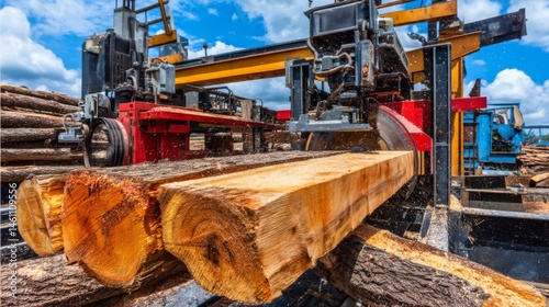 Lumber being processed at a sawmill with cutting machinery in action