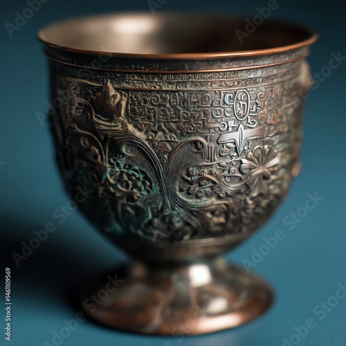 Obraz na płótnie Decorative vintage cup with intricate floral patterns on a blue background. w salonie