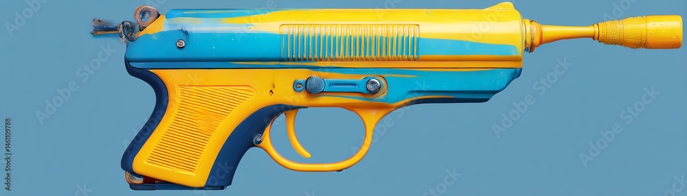 Vibrant toy water gun, blue and yellow, with a fun and playful design.