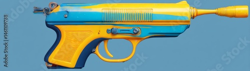 Obraz na płótnie Vibrant toy water gun, blue and yellow, with a fun and playful design. w salonie