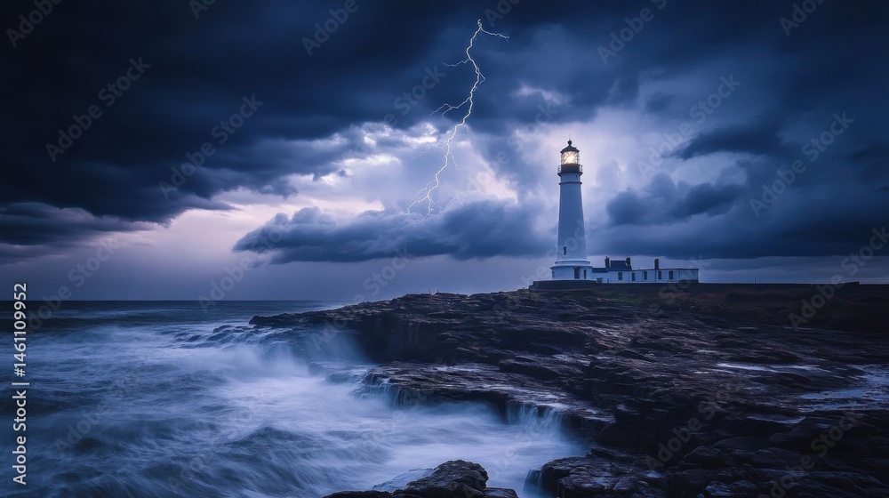 Stormy Night at the Lighthouse with Lightning and Waves Crashing on Rocks Stormy Night at the Lighthouse with Lightning and Waves Crashing on Rocks